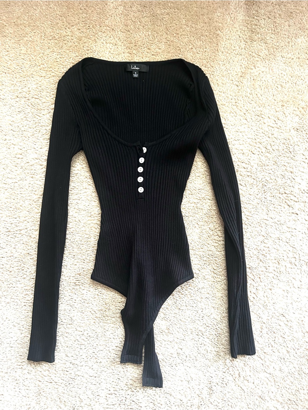 Lulus Black Ribbed Long Sleeve Henley Bodysuit Size S